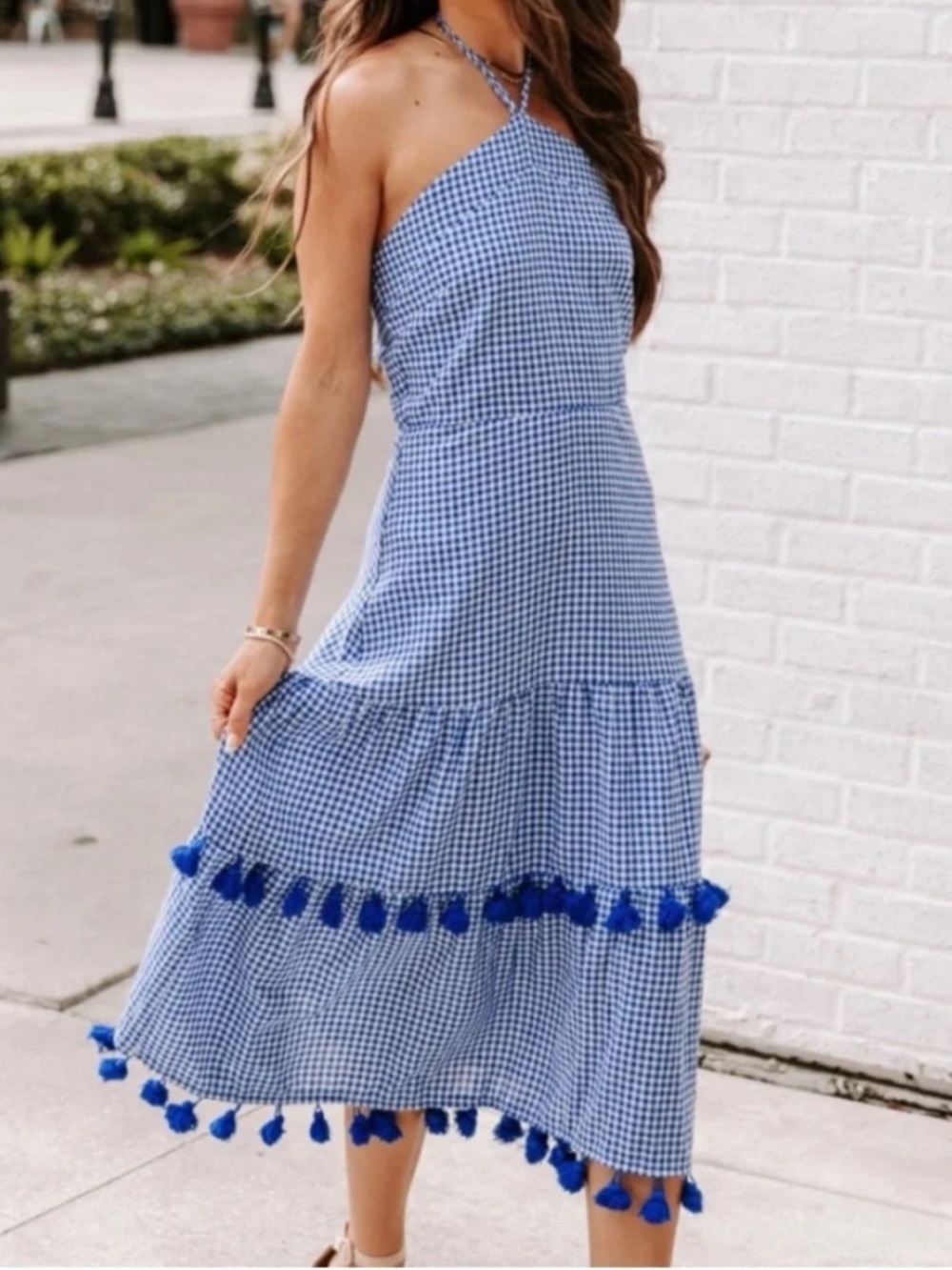 Vici Navy Gingham Dress with Tassels